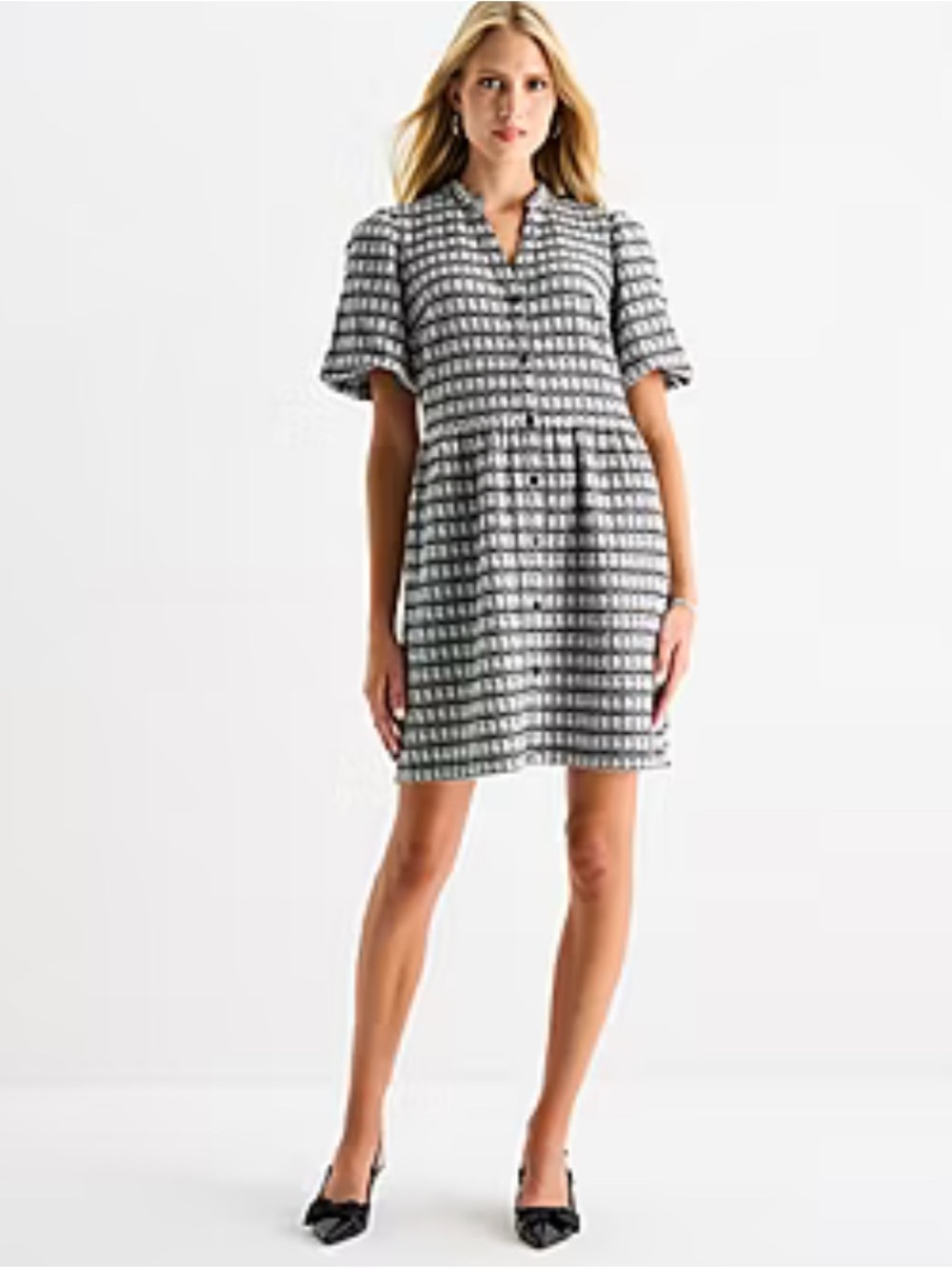 Checked Short-Sleeve Mini Dress in Black & White